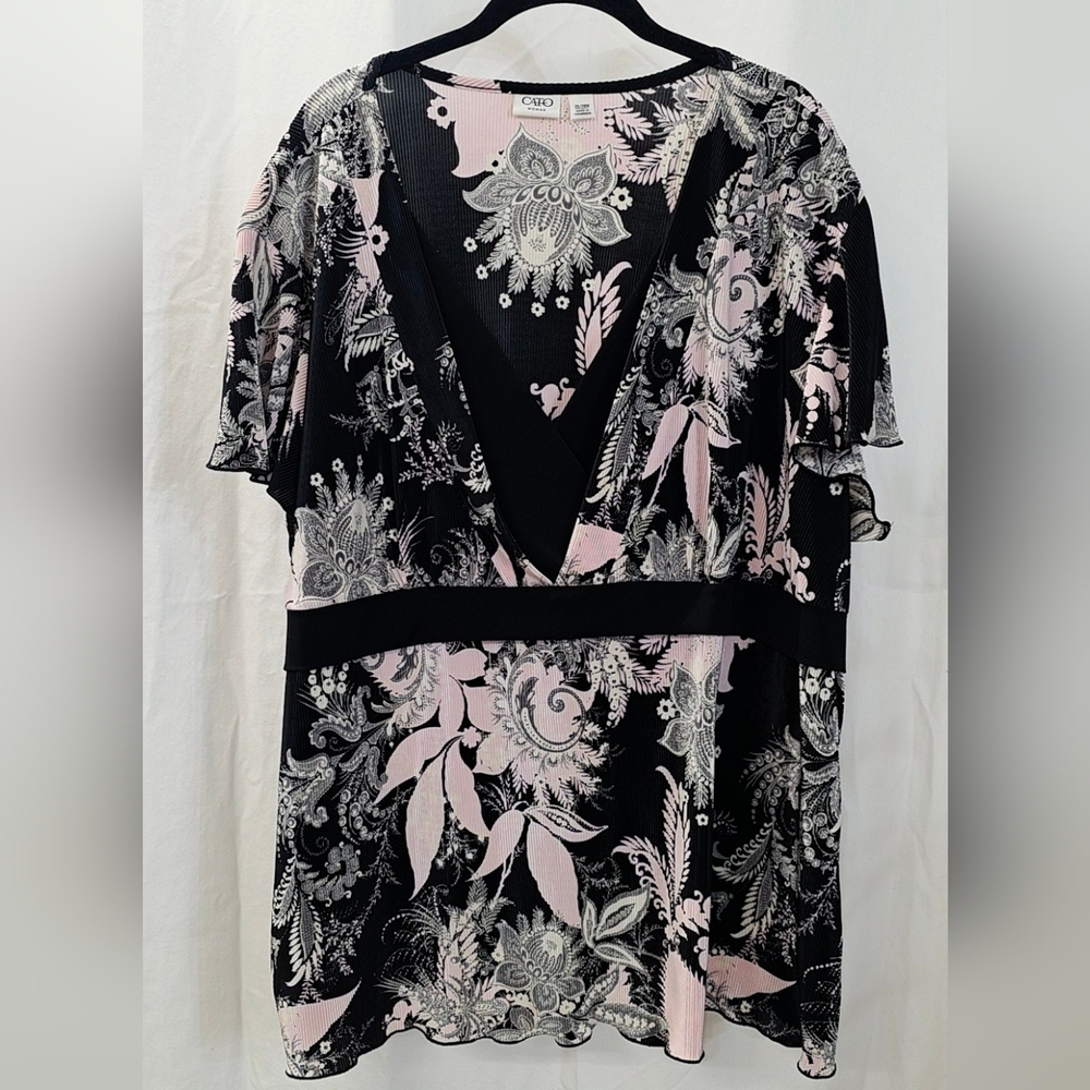 Cato 26W 28W 26/28 Womens Plus Short Sleeve Layered Top Blouse Pink Black Floral